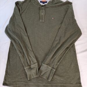 Tommy Hilfiger Knit Henley Long Sleeve Shirt XL Green Button Logo Cotton